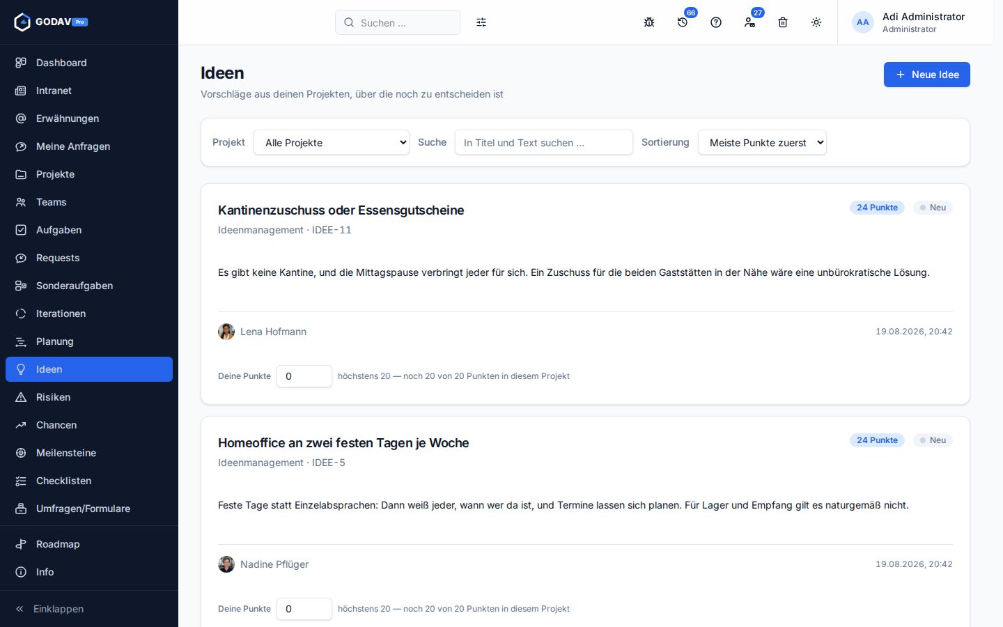 Die Ideen als Blog mit Punktestand je Vorschlag