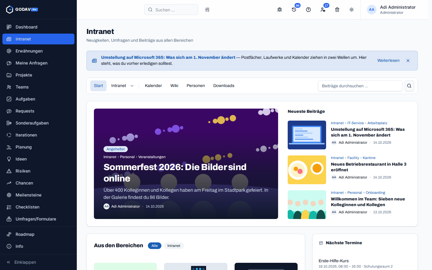 Die Startseite des Intranets mit Ankündigung, Aufmacher und neuesten Beiträgen