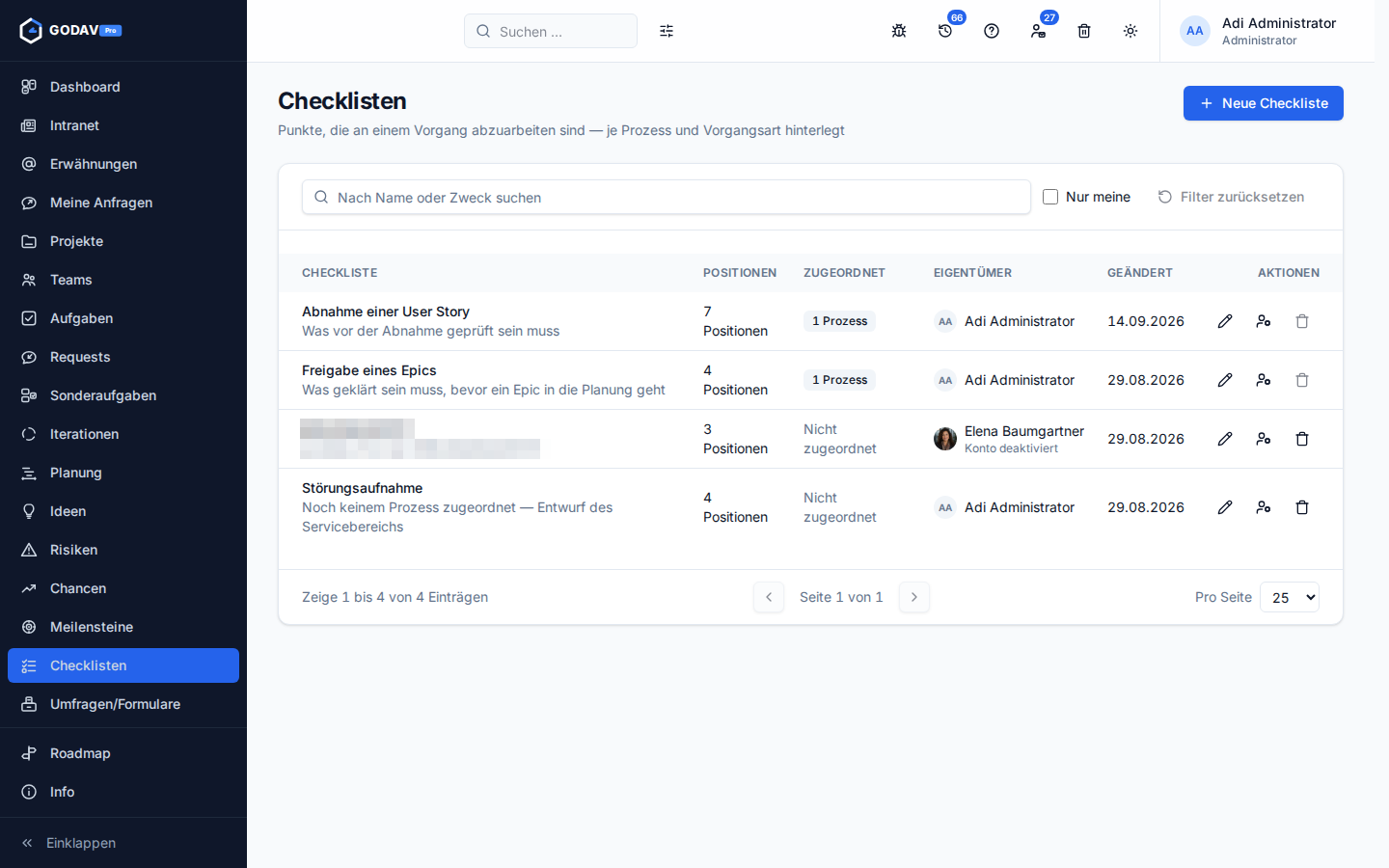 Die Liste der Checklisten mit Positionsanzahl, Zuordnung zu Prozessen und Eigentümer