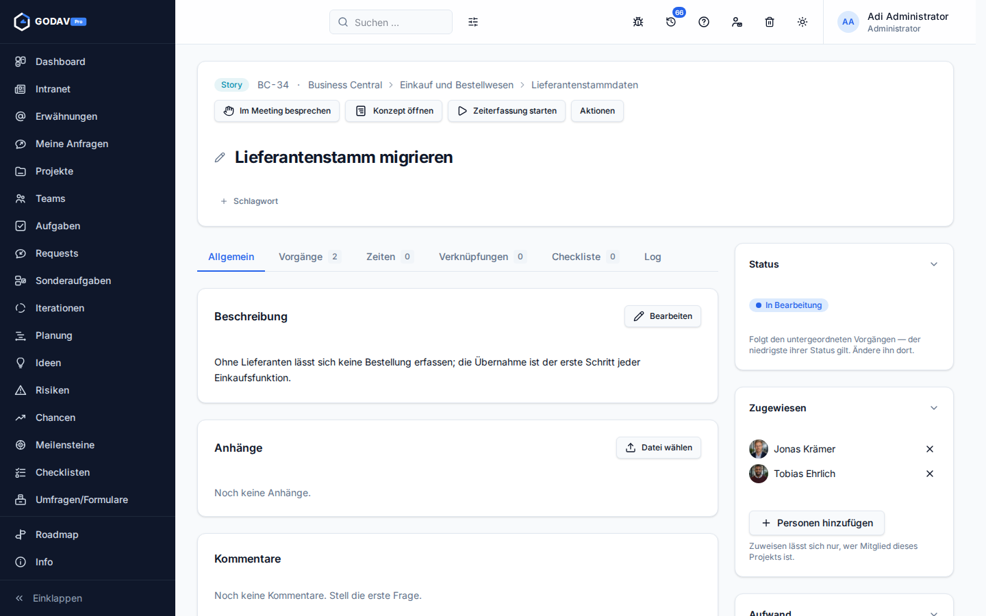 Die Vorgangskarte einer Story mit dem Knopf „Im Meeting besprechen“