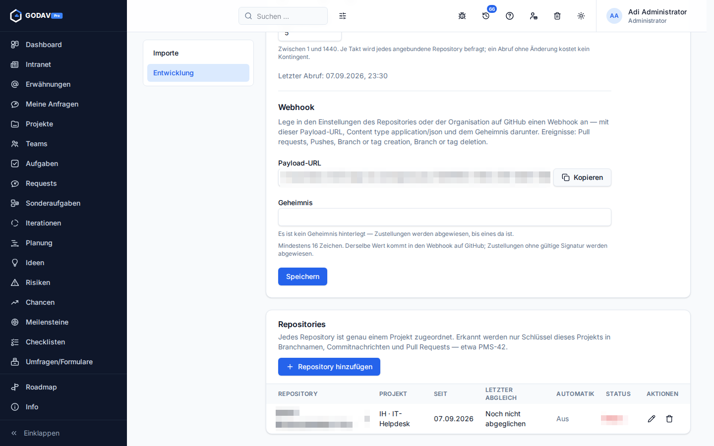 Abruf, Webhook und die Liste der Repositories einer GitHub-Verbindung