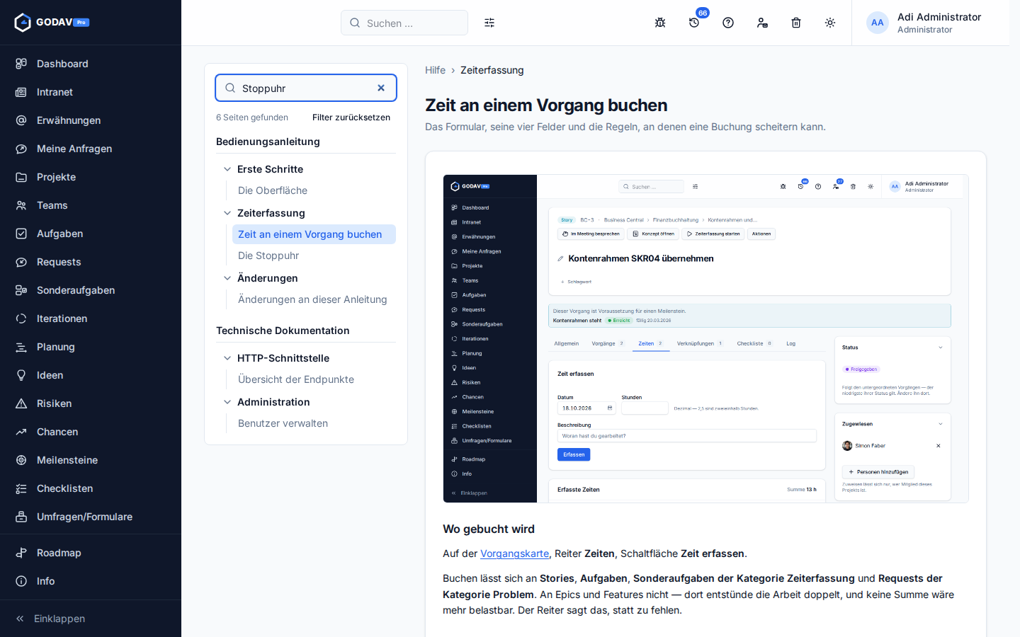 Die Hilfe mit dem Suchbegriff „Stoppuhr“ im Menü und sechs gefundenen Seiten