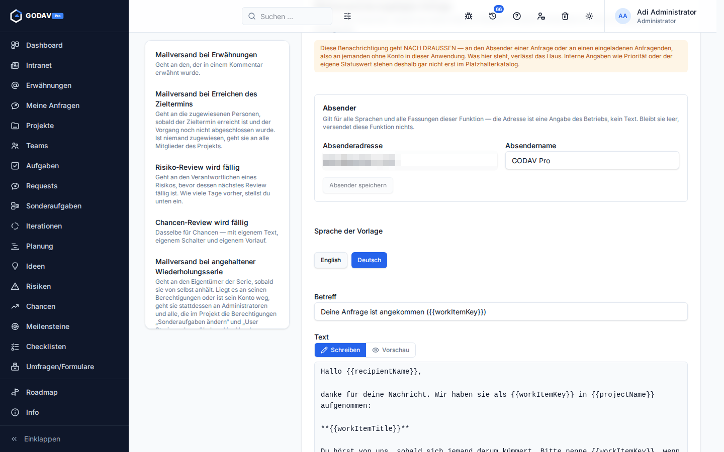 Die Mailvorlage „Mailversand bei angelegter Anfrage“ mit dem Hinweis, dass sie nach draußen geht