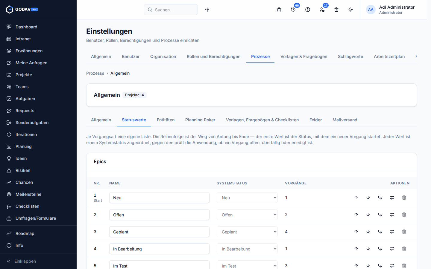 Reiter „Statuswerte“ eines Prozesses mit eigenen Namen und dem zugeordneten Systemstatus
