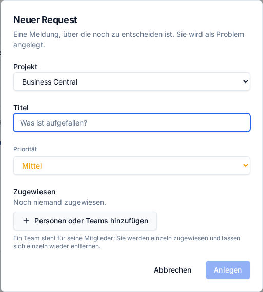 Das Fenster „Neuer Request“ mit Projekt, Titel, Priorität und Zuweisung