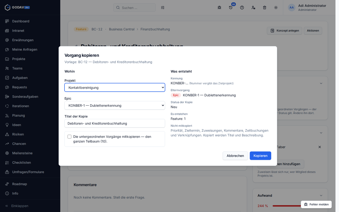Der Dialog „Vorgang kopieren“ mit Zielprojekt, Epic, Titel der Kopie und der Frage nach dem Teilbaum