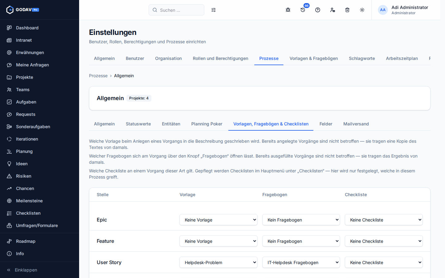 Der Prozessreiter „Vorlagen, Fragebögen & Checklisten” mit je einem Auswahlfeld pro Vorgangsart