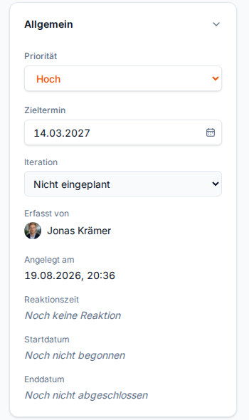 Die Box „Allgemein“ einer Story mit Priorität, Zieltermin, Erfasser, Reaktionszeit sowie Start- und Enddatum
